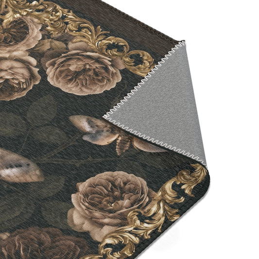 Vintage Floral & Moth Area Rug — Dark Victorian Border Accent Rug