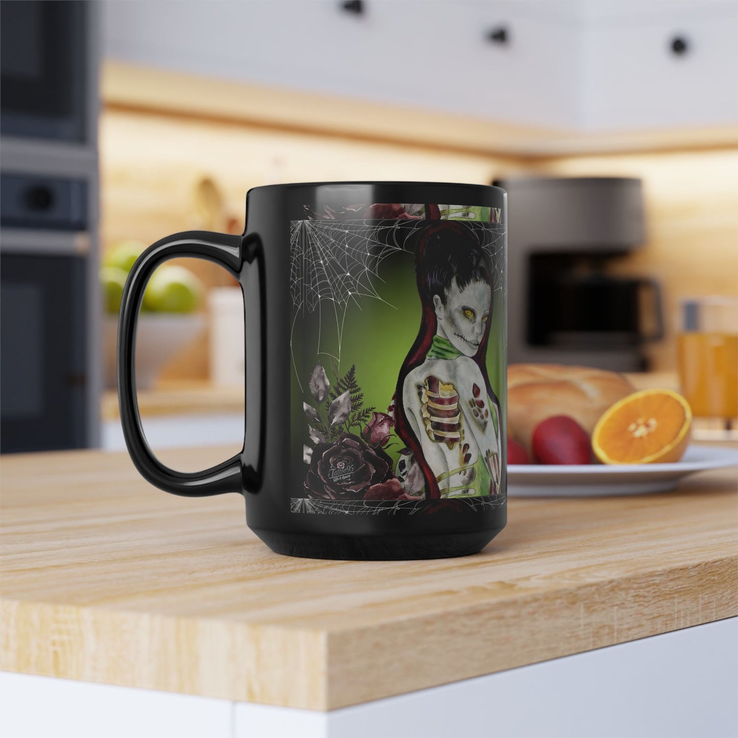 Zombie Lady Deadrah - Black Coffee Mug — Matte Tattoo Zombie Design (11oz & 15oz)