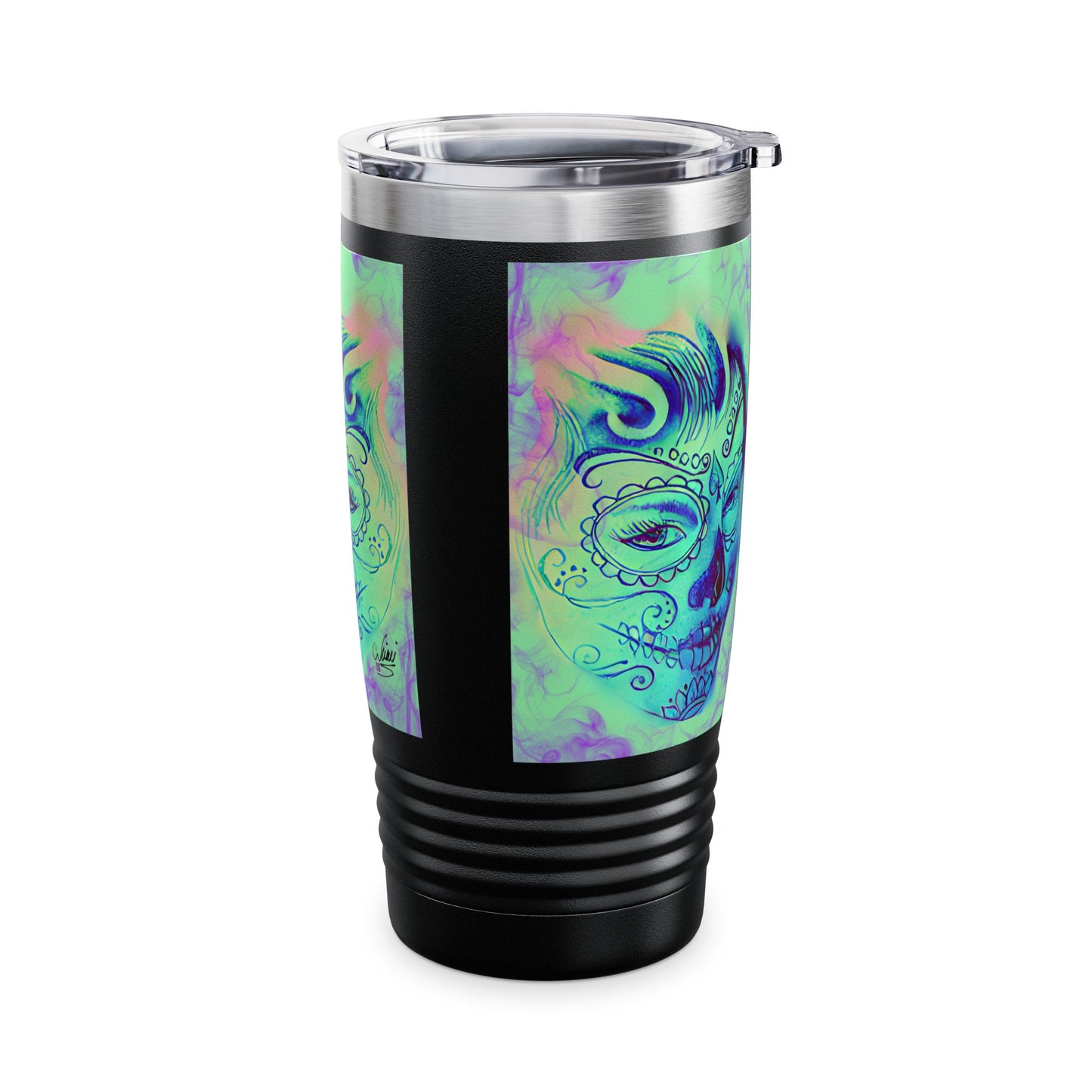 Black tumbler with colorful sugar skull design on a white background