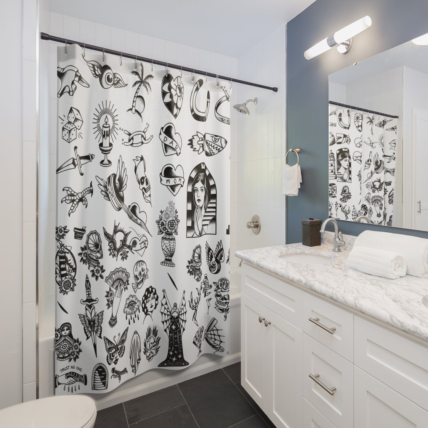 Retro Tattoos Shower Curtain - Tattoo Bathroom Art