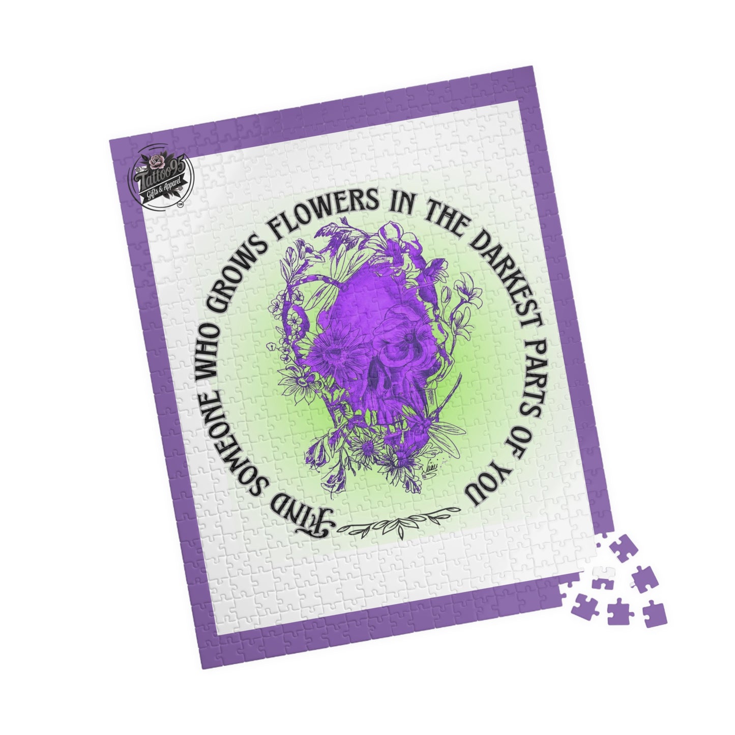 Floral Skull and Dragonfly Tattoo Art (Purple) - Find Someone Who Grows Flowers in the Darkest Part of You - Jigsaw Puzzle — PIECES are 110, 252 and 520 Glossy Finish
