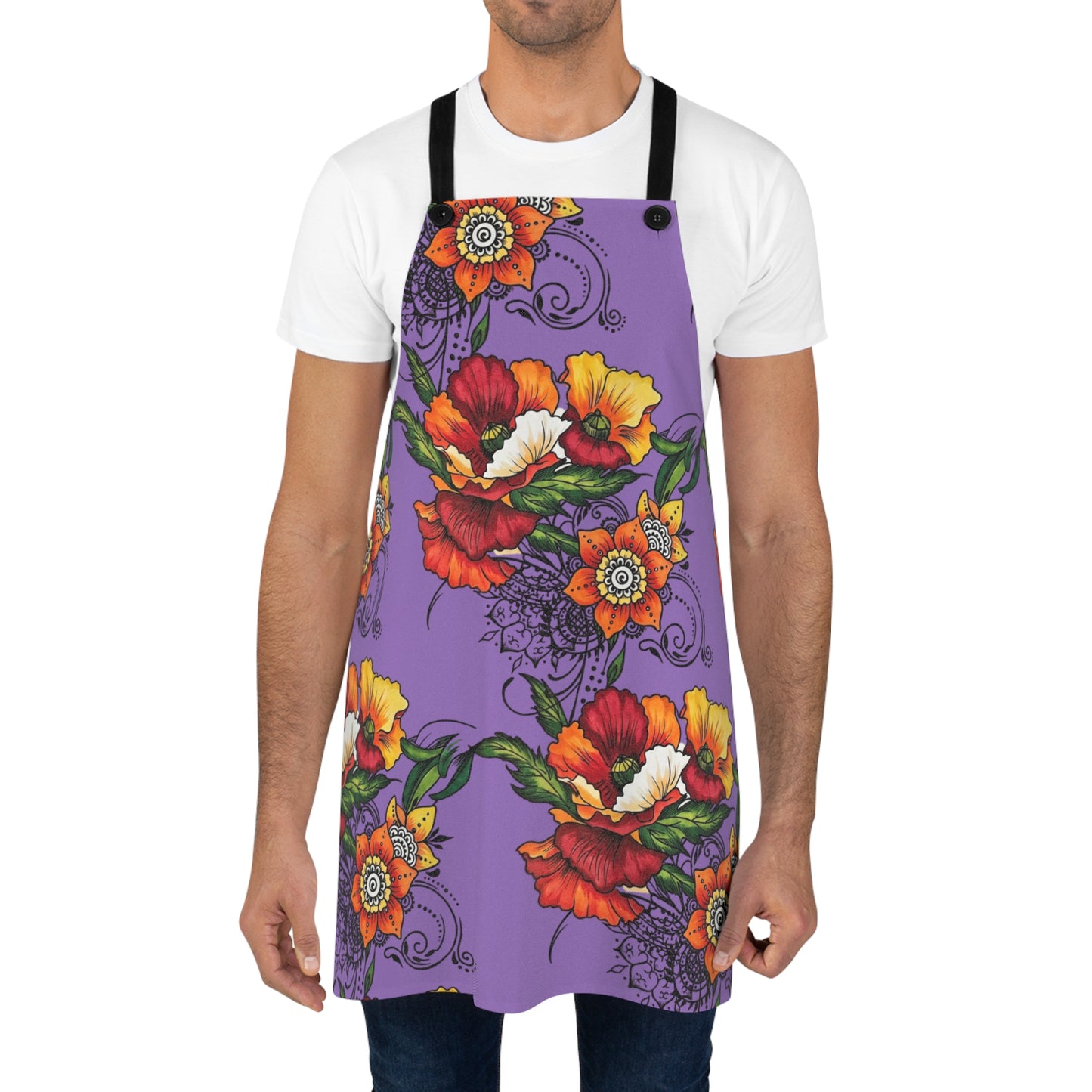 Orange & Red Poppy Flowers Original Tattoo Artwork - Purple Apron