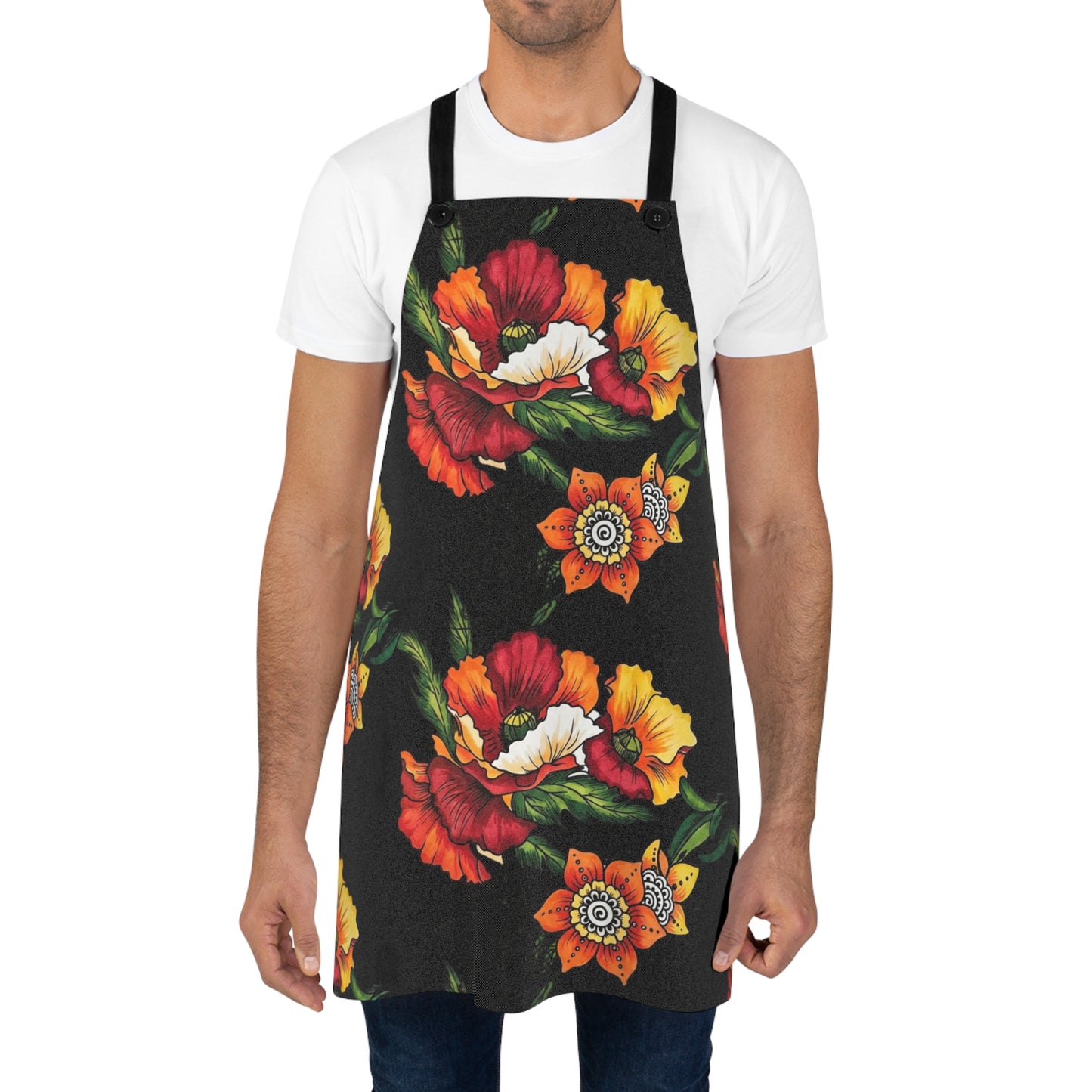 Orange & Red Poppy Flowers Original Tattoo Artwork - Black Apron
