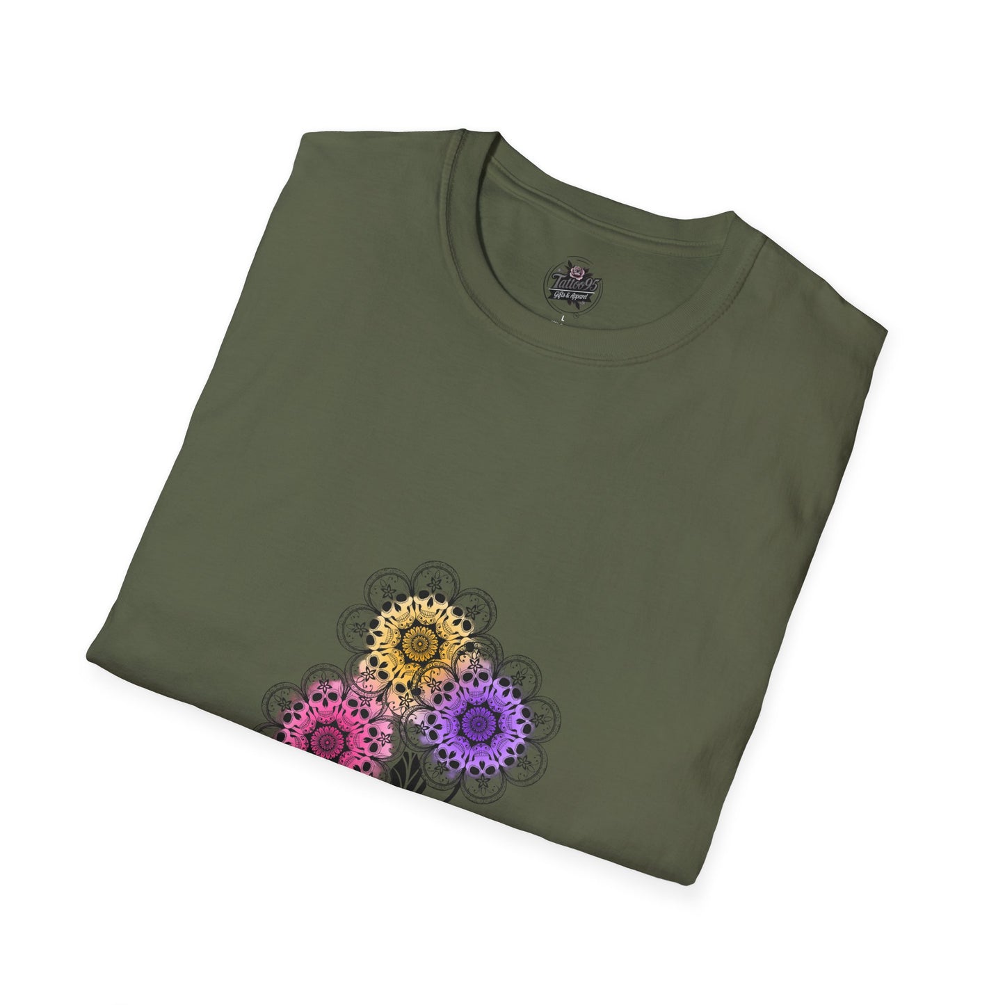 Skull Flower Mandala Trio - Green T-Shirt — Sugar Skull Back Medallion