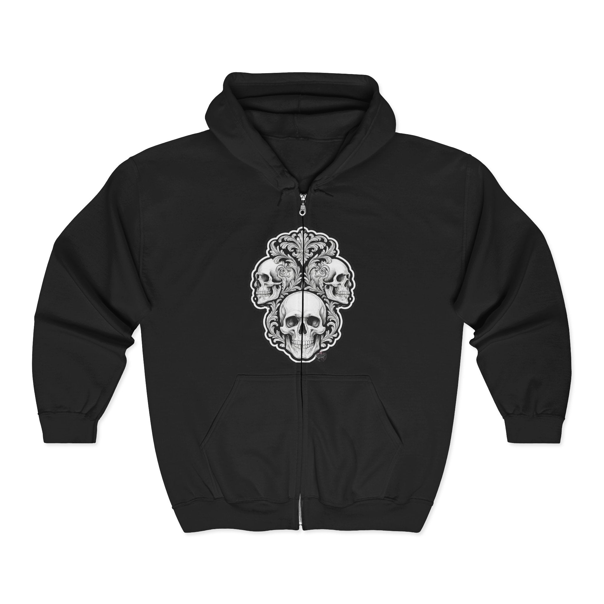 Skull Filigree - Zip-Up Hoodie — Black Graphic Zip Hoodie