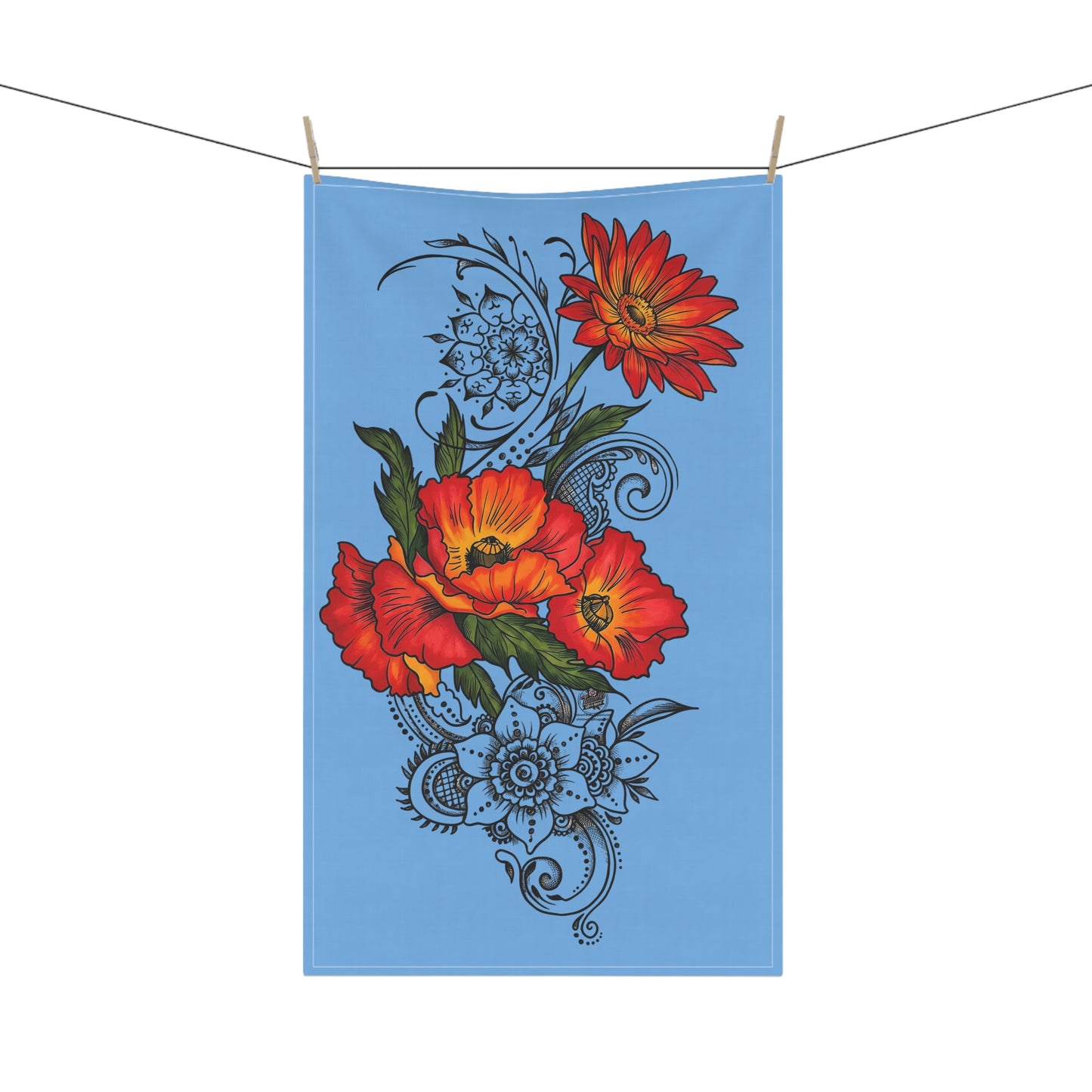 Floral Red Poppy Tea Towel — Bright Red Poppies on Sky Blue Kitchen Towel