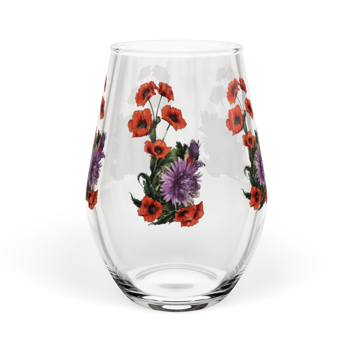Red Poppy Purple Aster - Stemless Wine Glass, 11.75oz