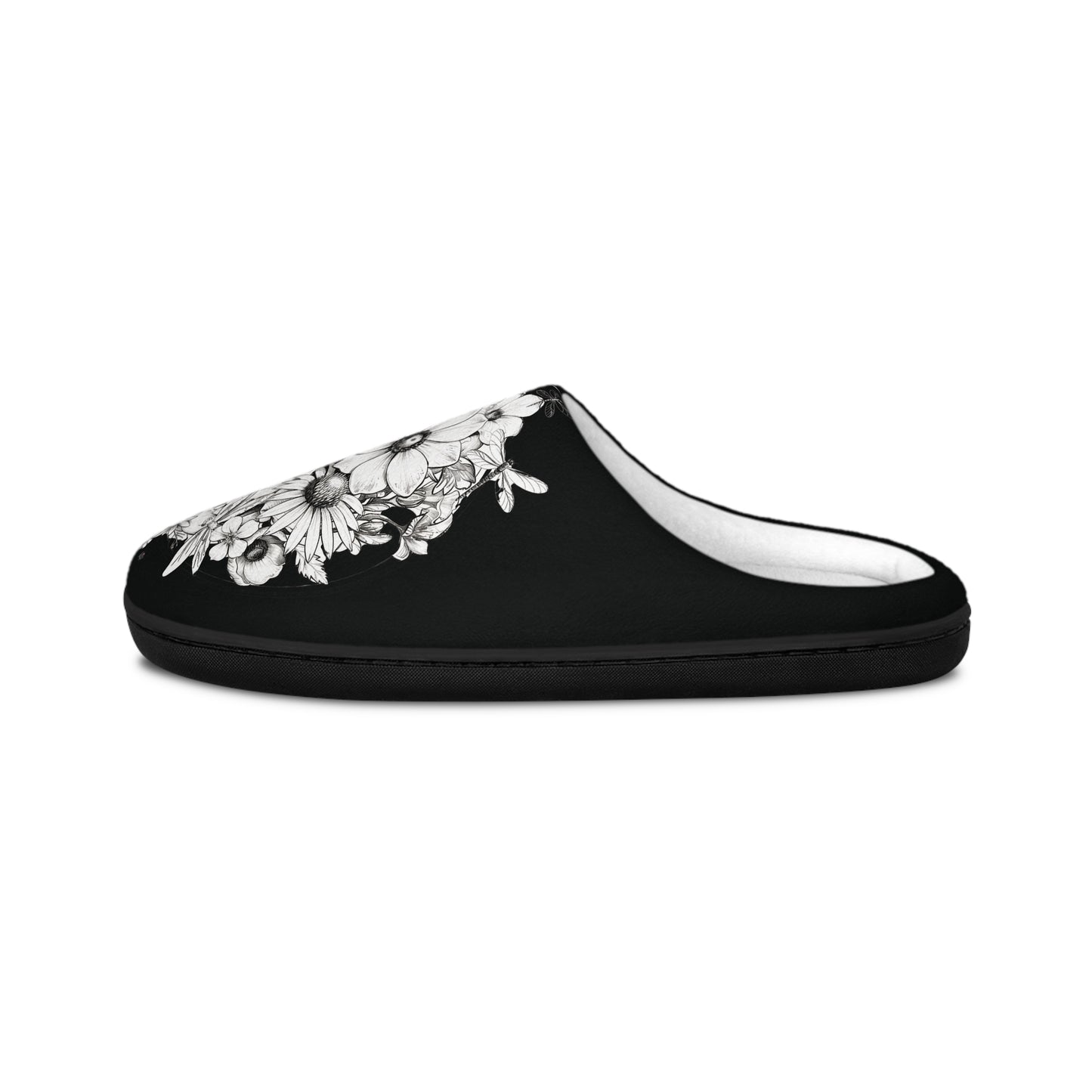 Floral Skull Art - Black & White Comfy House Slippers