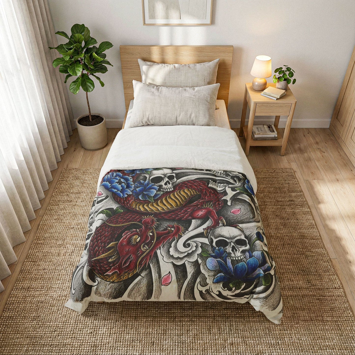 Tiger, Dragon & Skulls Cotton Comforter - Soft White Down Alternative Duvet - Japanese Style Bedding