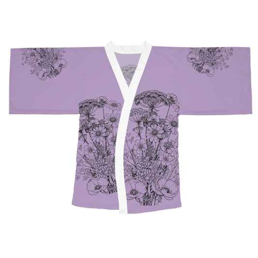 Wildflowers Floral Bouquet - Silk-Touch Mid-Length Kimono Robe — Purple