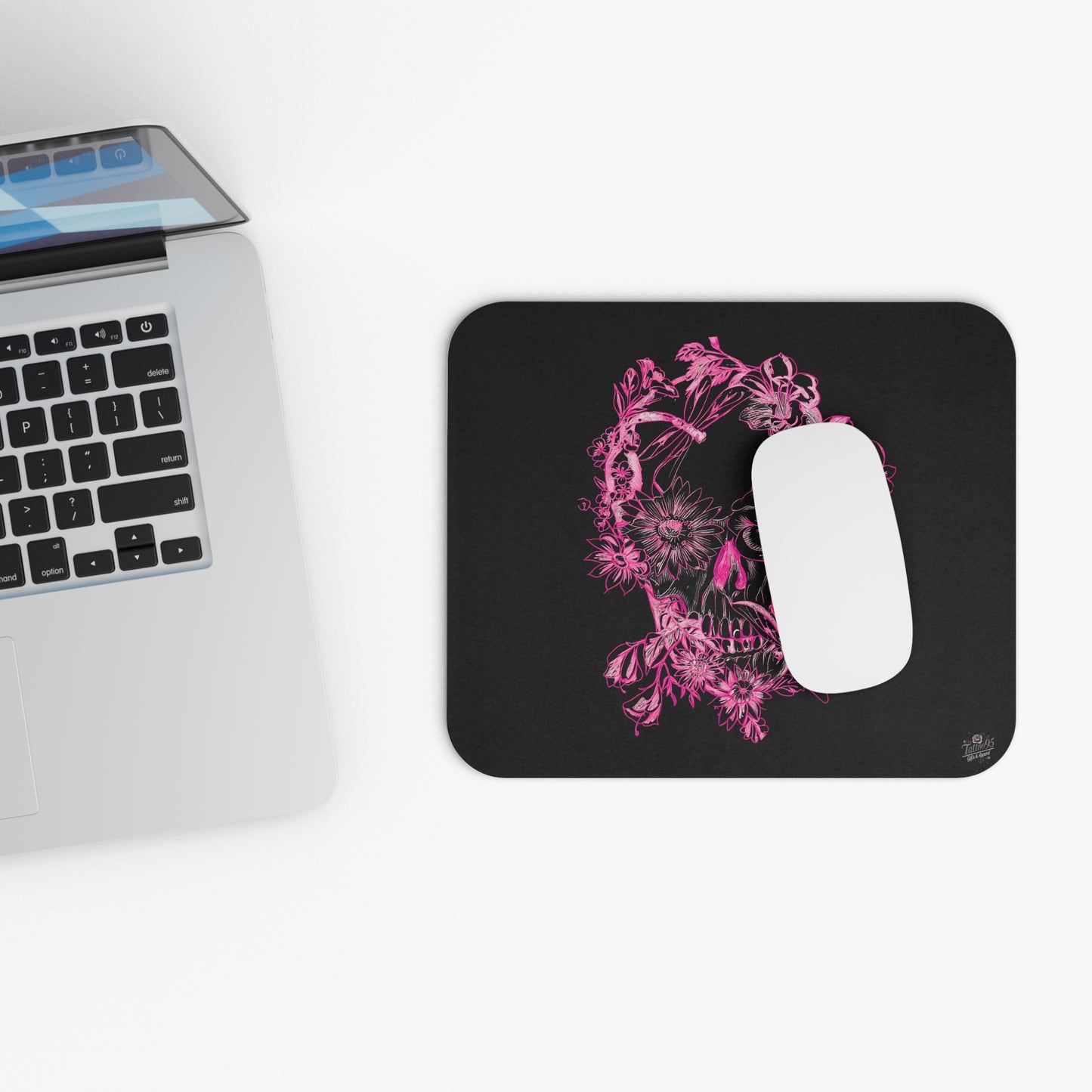 Floral Skull and Dragonfly Tattoo Art (Pink) - Mouse Pad — Elegant Purple & Black Desk Mat