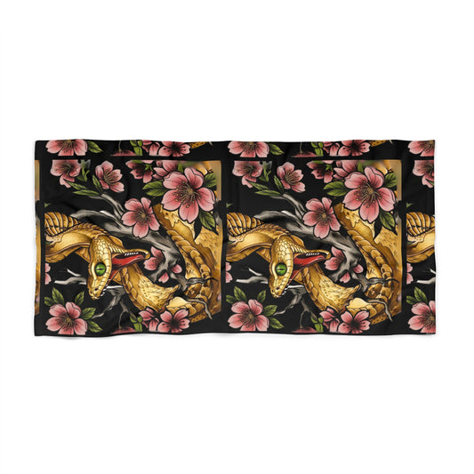 Snake & Red Bloom Dark Floral Beach Towel -- Lunar New Year