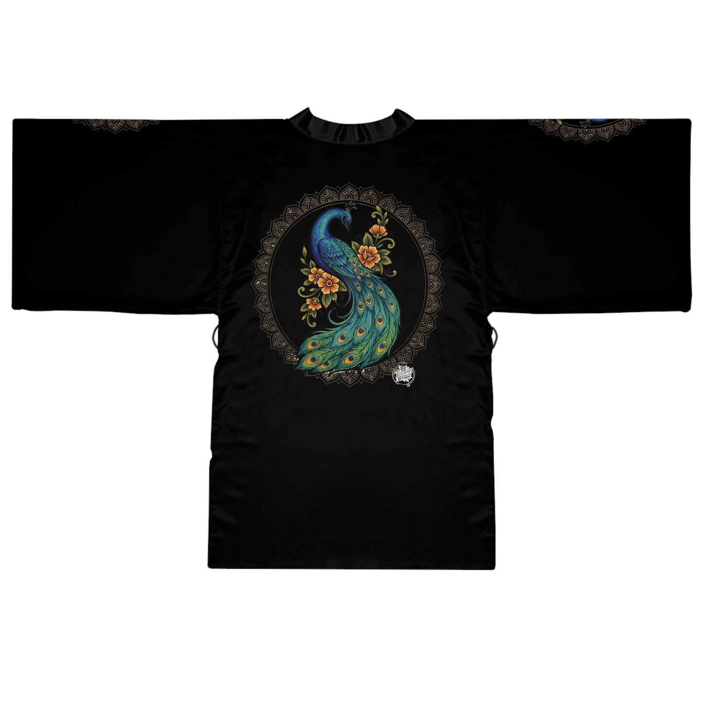 Floral Peacock Mandala - Kimono Robe — Mid‑Length Silk‑Like Wrap