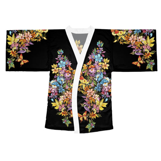 Butterfly Cascading Flowers - Kimono Robe — Silk-Touch Mid-Length Tattooed Print