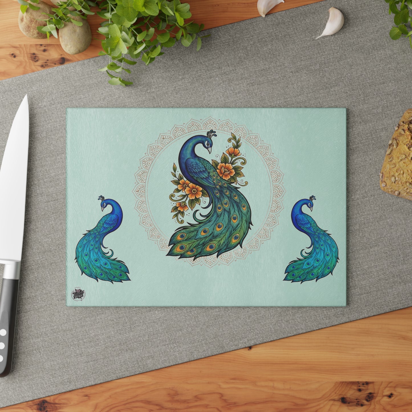 Floral Peacock - Glass Cutting Board — Decorative Tempered Glass Chopping Board with Elegant Peacock Design
