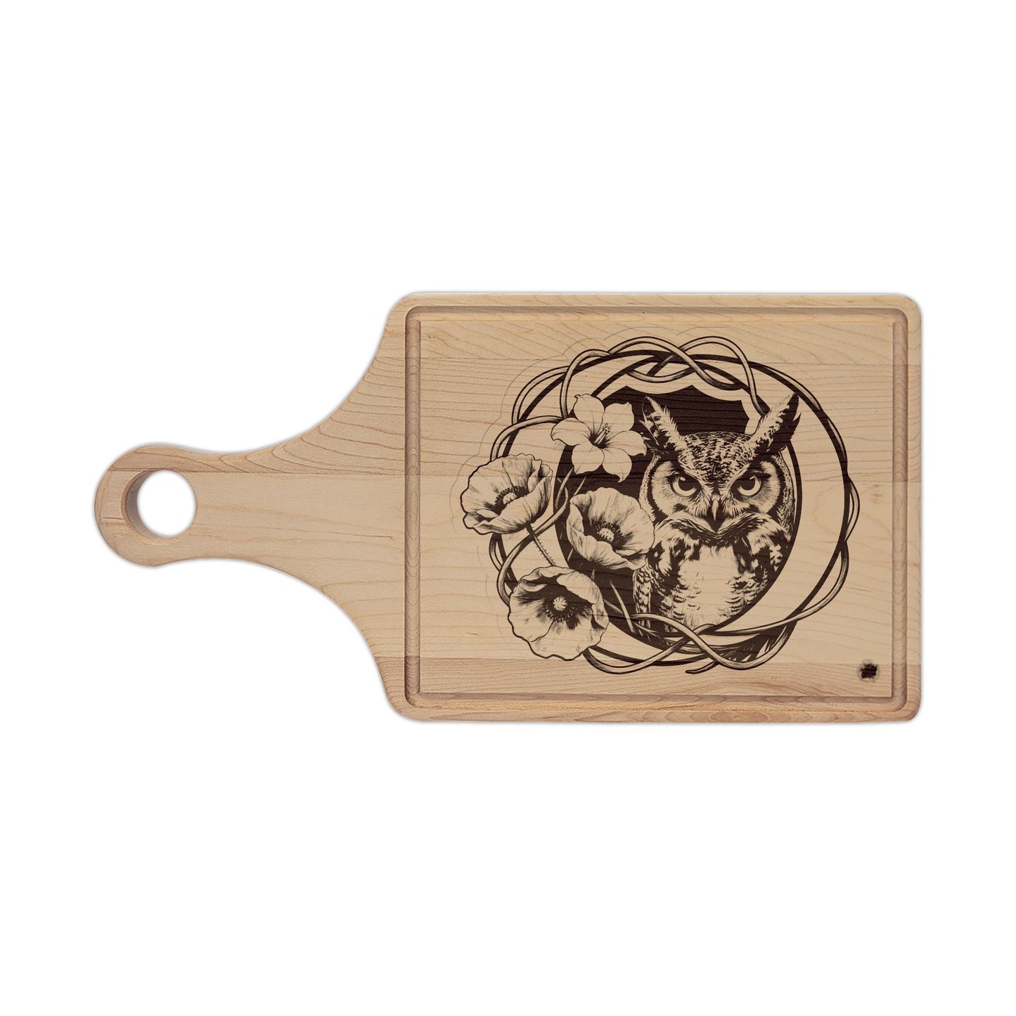 Owl & Floral Moon Wooden Cutting Board Engraved — Decorative Serving & Chopping Board