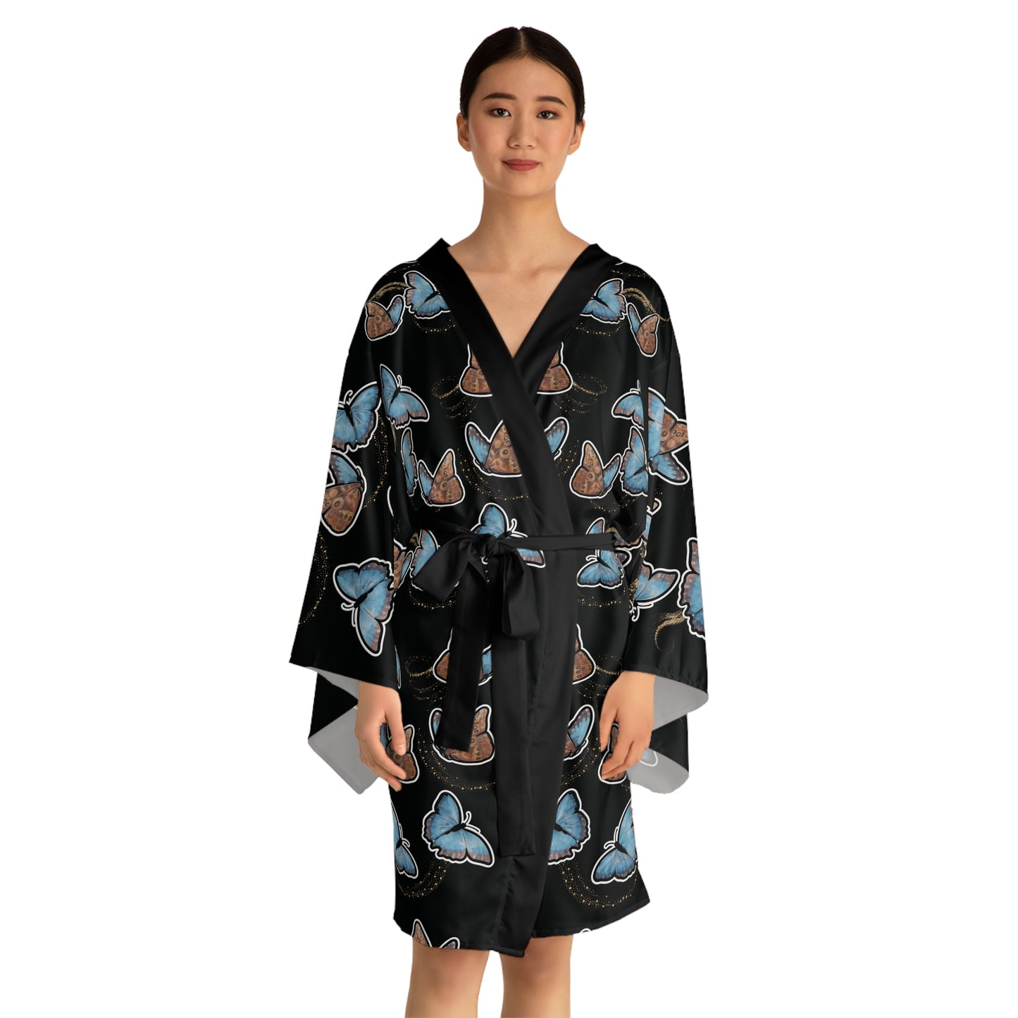 Blue Morphis Butterfly Kimono Robe — Silky Long-Sleeve Lounge & Party Wrap