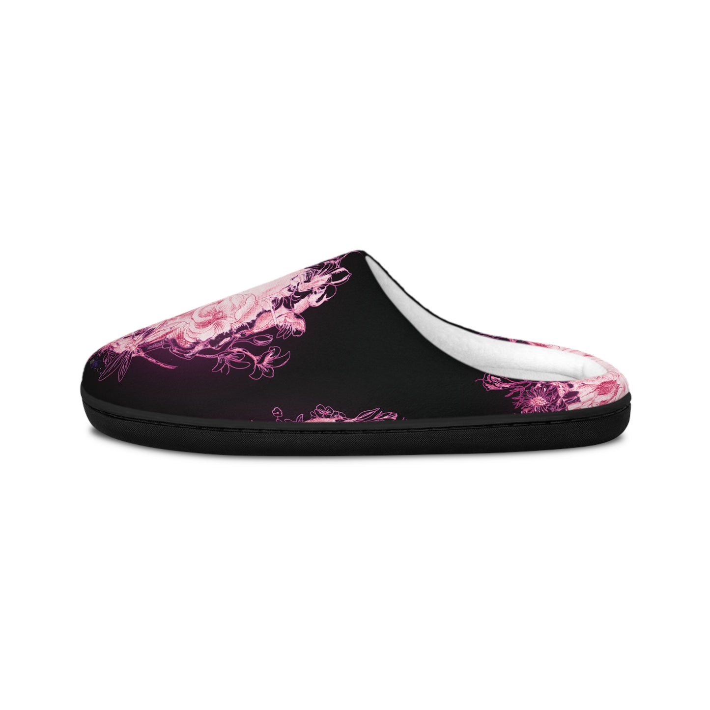 Floral Skull and Dragonfly Tattoo Art (Pink) - Black & Pink Comfy House Slippers