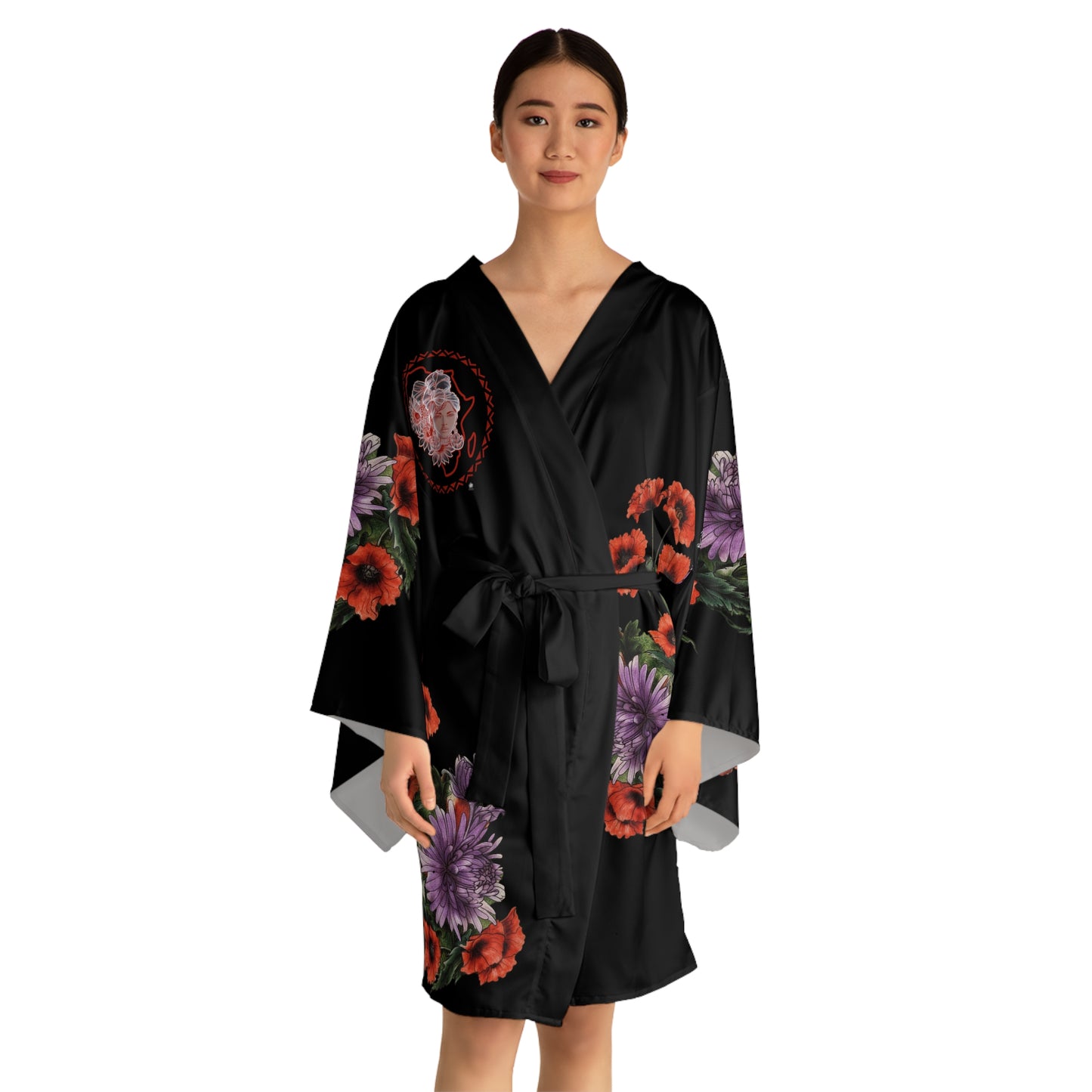 Sacred Beauty with Red Poppy Purple - Kimono Robe — Silky Long-Sleeve Lounge & Party Wrap