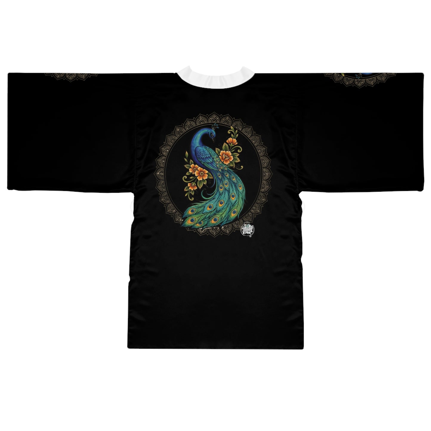 Floral Peacock Mandala - Kimono Robe — Mid‑Length Silk‑Like Wrap