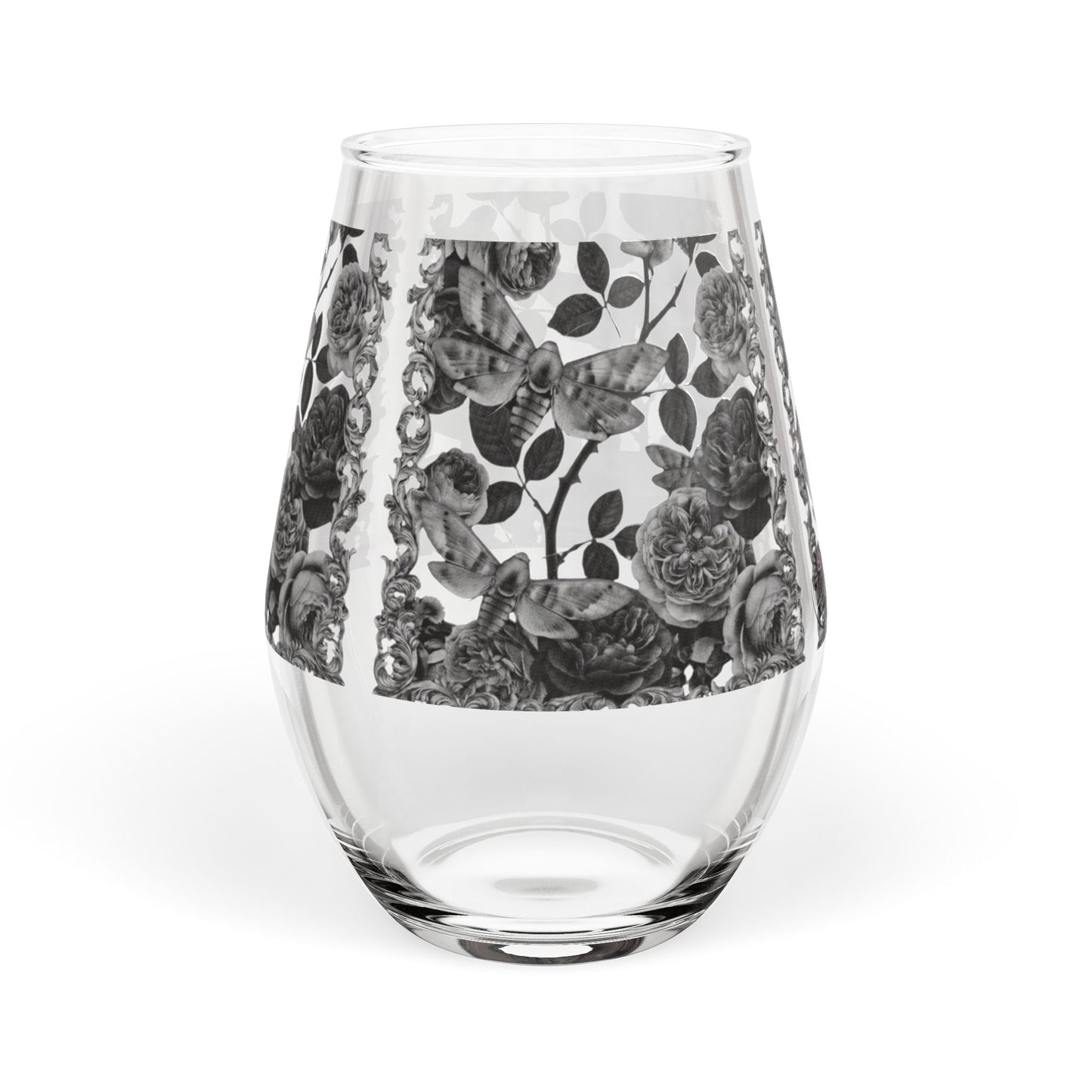 Black Rose Moths Stemless Wine Glass — Floral 11.75 oz Decorative Glassware