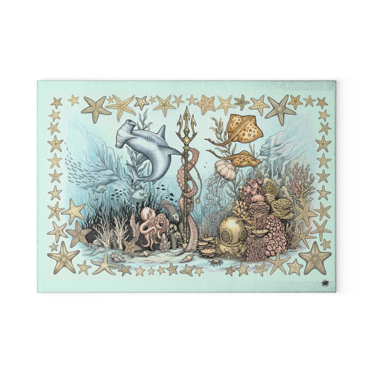 Ocean Tattoo Underwater Journey Glass Cutting Board (In Color)