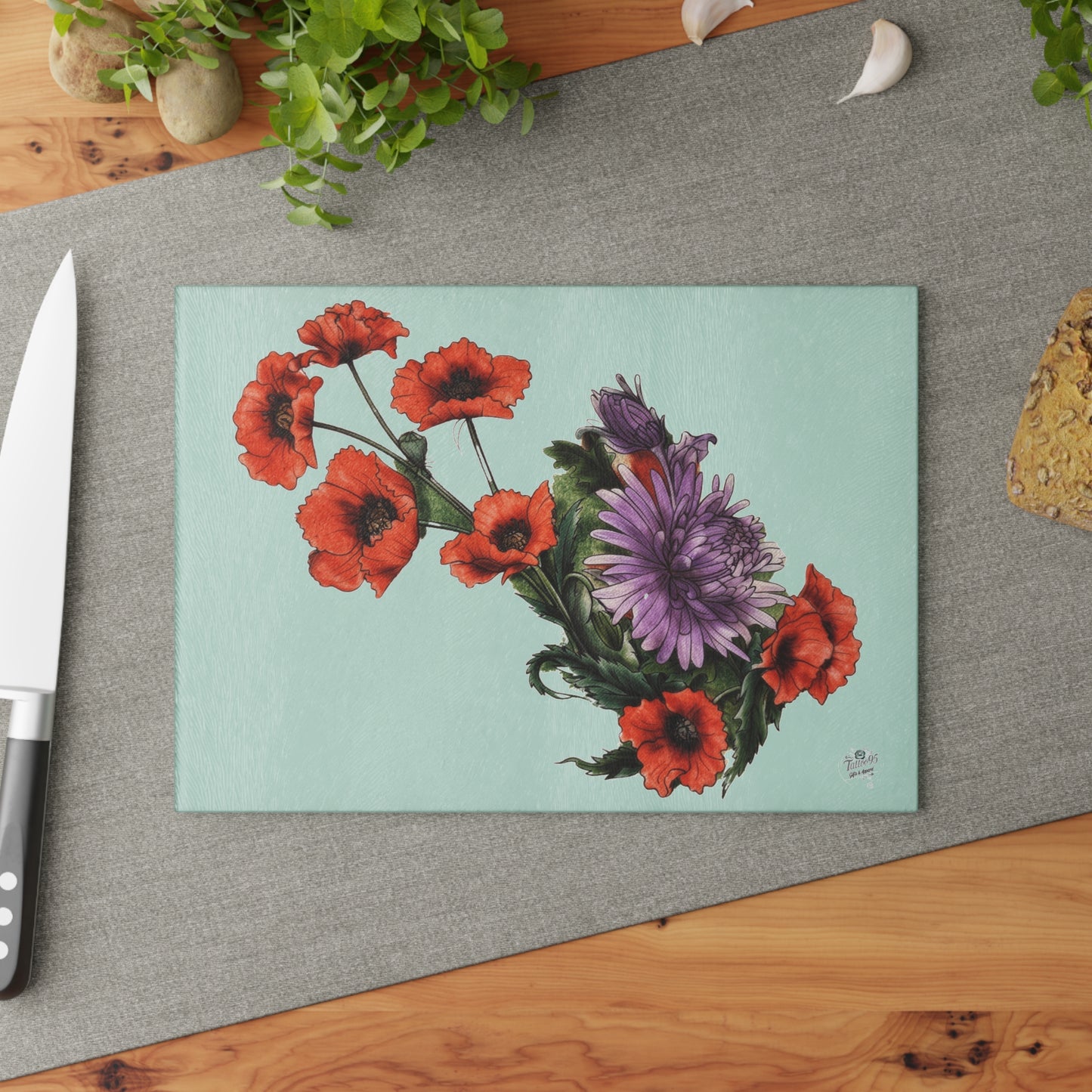 Red Poppy Purple Aster - Glass Cutting Board – Decorative Kitchen Chopping Board