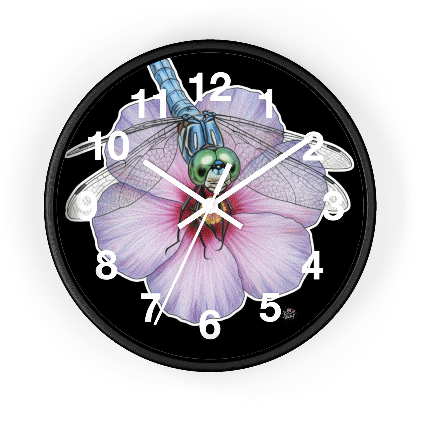 Dragonfly Hibiscus - Wall Clock — White Border - Black Background Silent 10" Clock