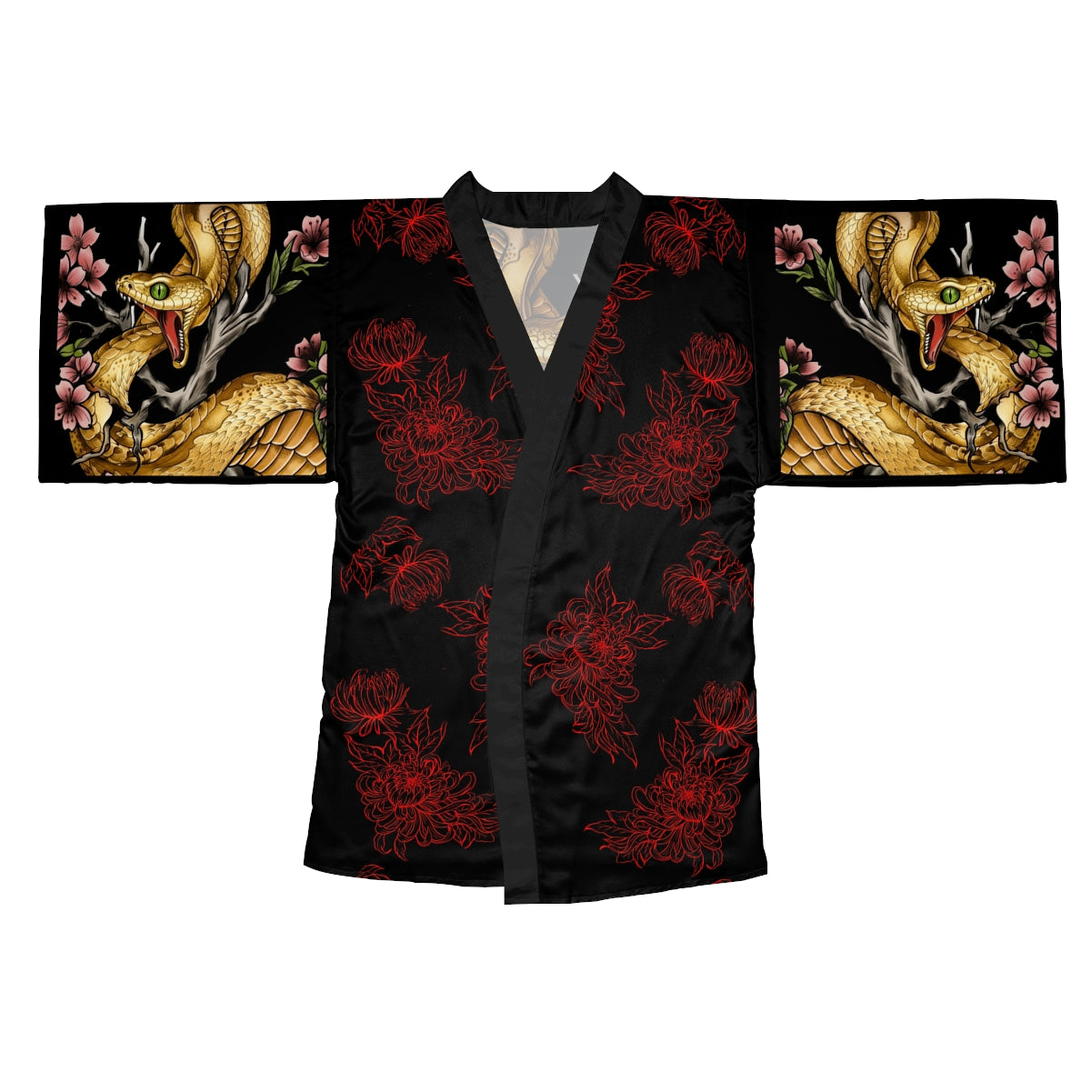 Snake & Red Bloom -- Silk-Touch Mid-Length Kimono Robe