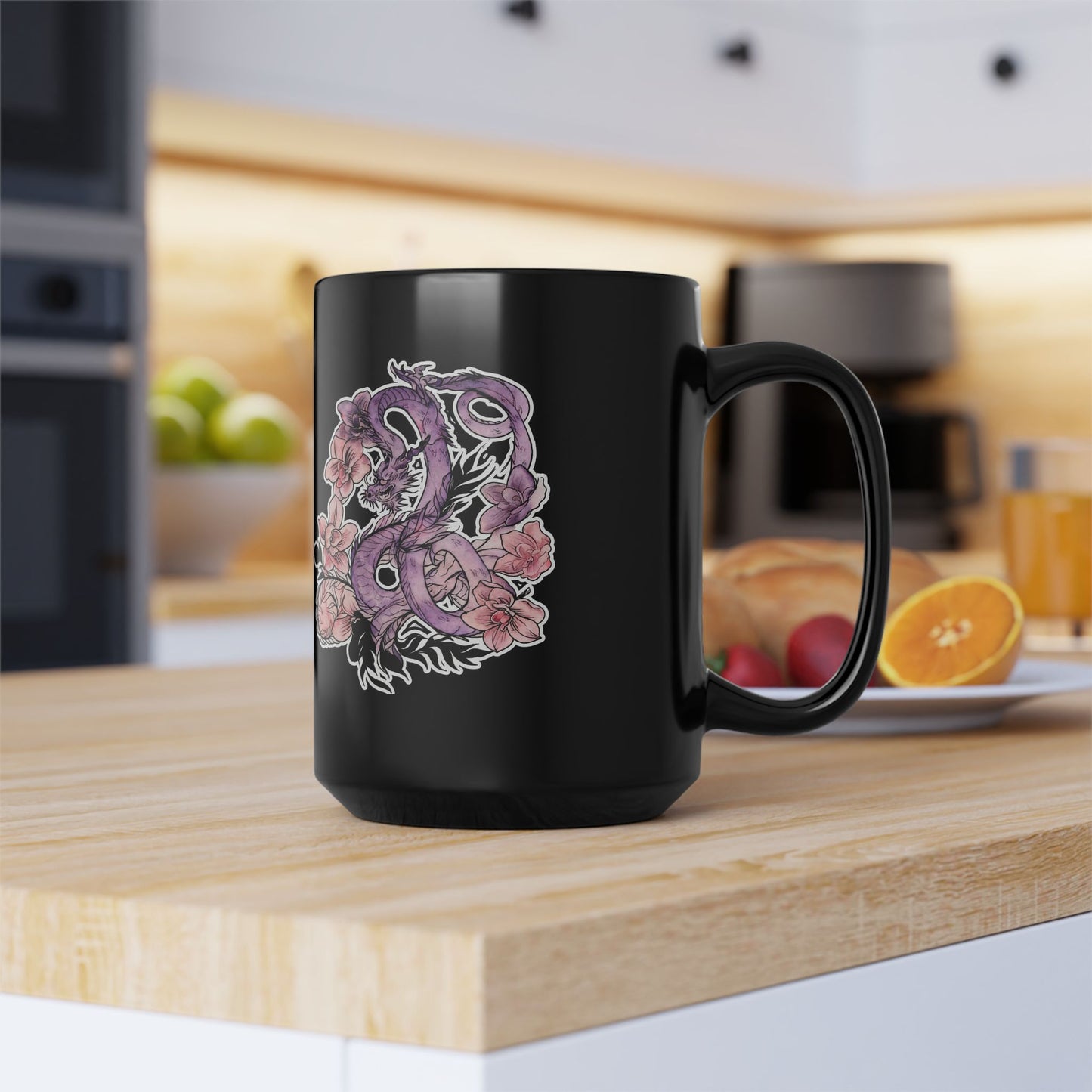 Dragon Orchids - Black Coffee Mug — Matte Tattoo Floral Design (11oz & 15oz)