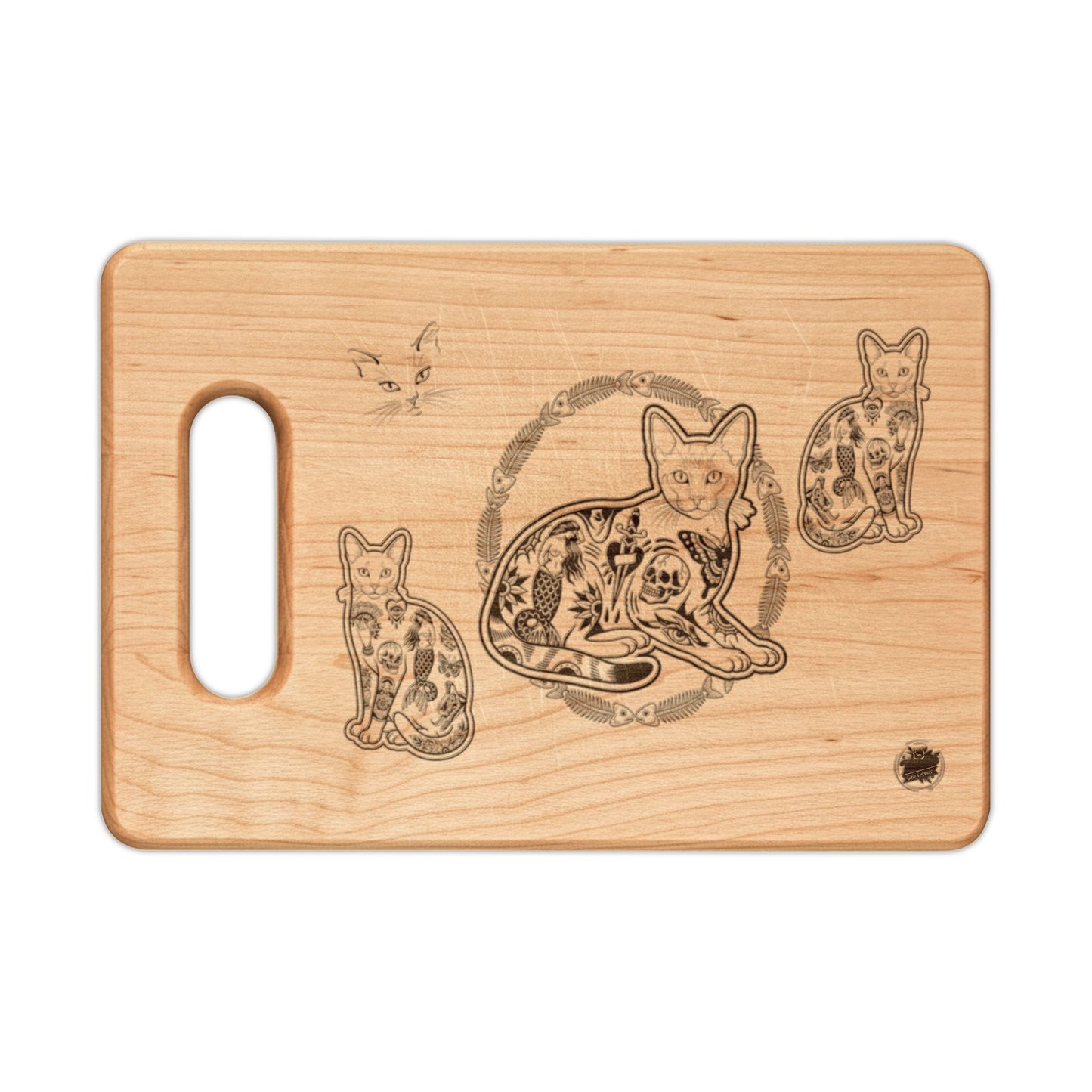 Tattooed Cat Fish Bones Circle Original Tattoo Artwork - Engraved Paddle & Rectangular Cutting Boards — Decorative Serving & Chopping Board