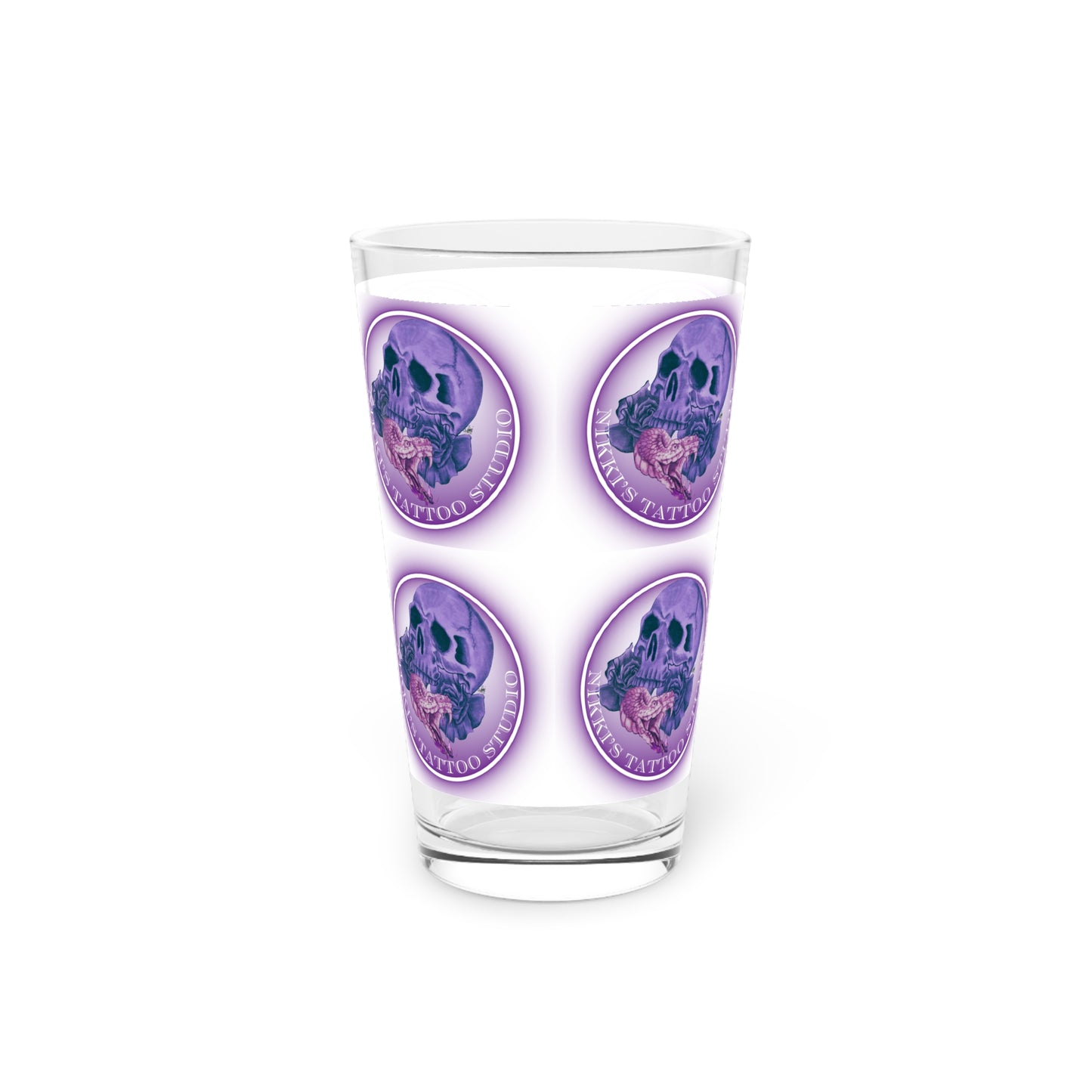 Nikki's Tattoo Studio Collection - Skull and Snake Logo, Beer 16oz Pint Glass