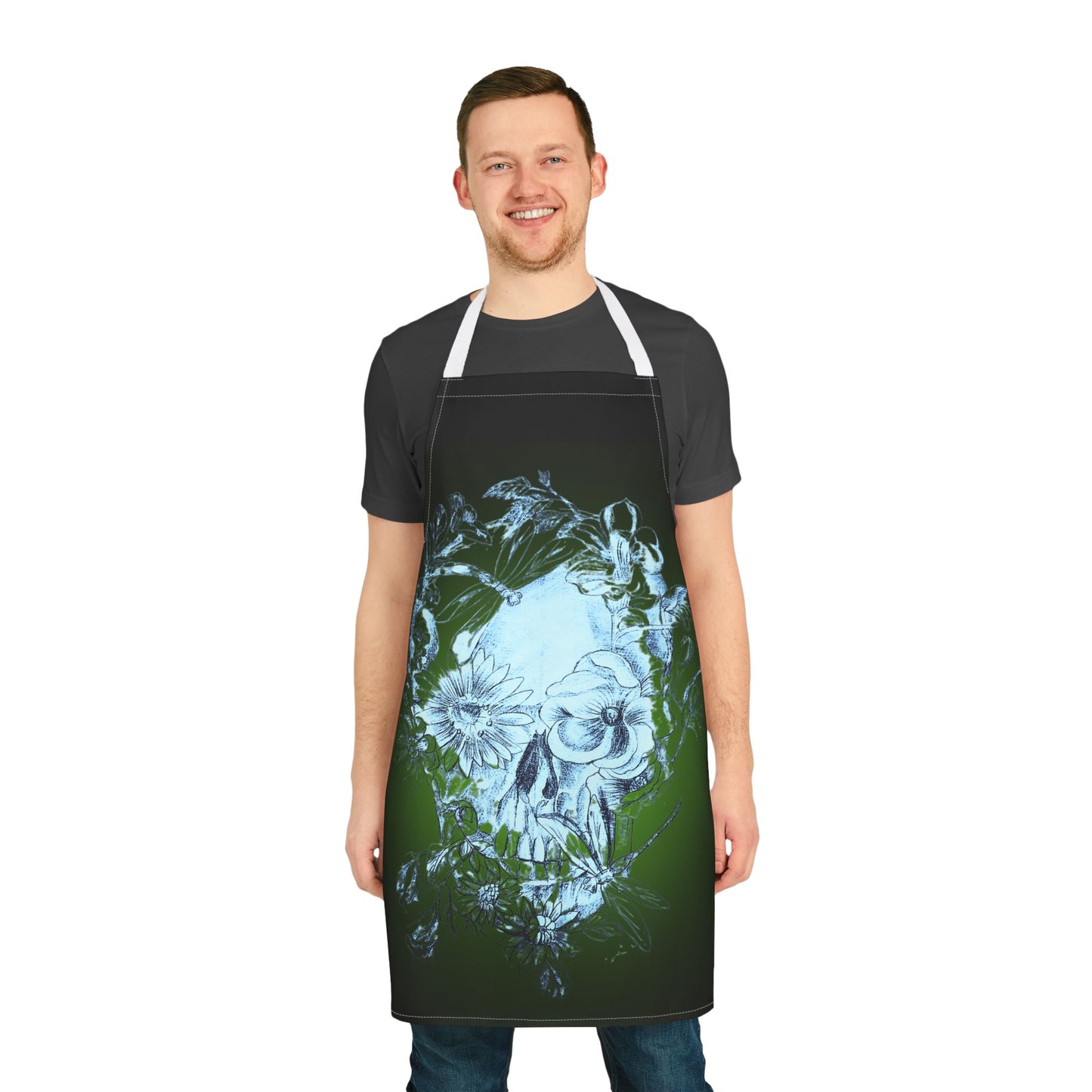 Floral Skull and Dragonfly Tattoo Art (Green) on Black Apron