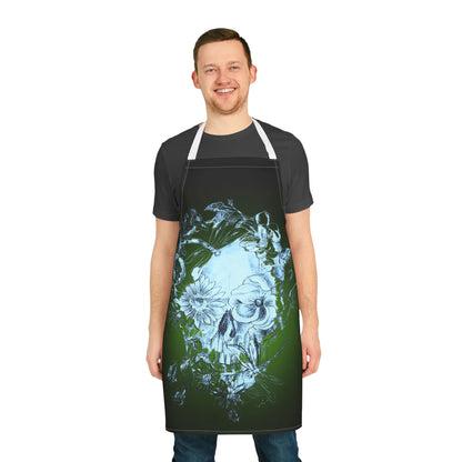 Floral Skull and Dragonfly Tattoo Art (Green) on Black Apron