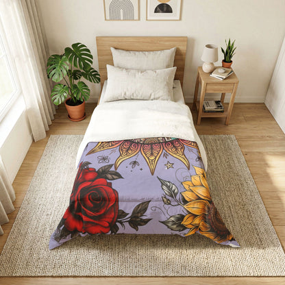 Sun Pittie with Sunflowers & Roses - Boho Floral Pet Portrait Cotton Comforter - Soft White Down Alternative Duvet