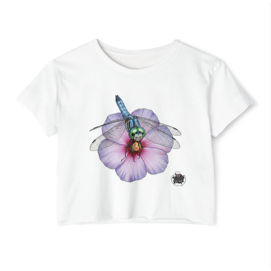 Dragonfly Hbiscus - White Cropped TShirt (XS-2XL)