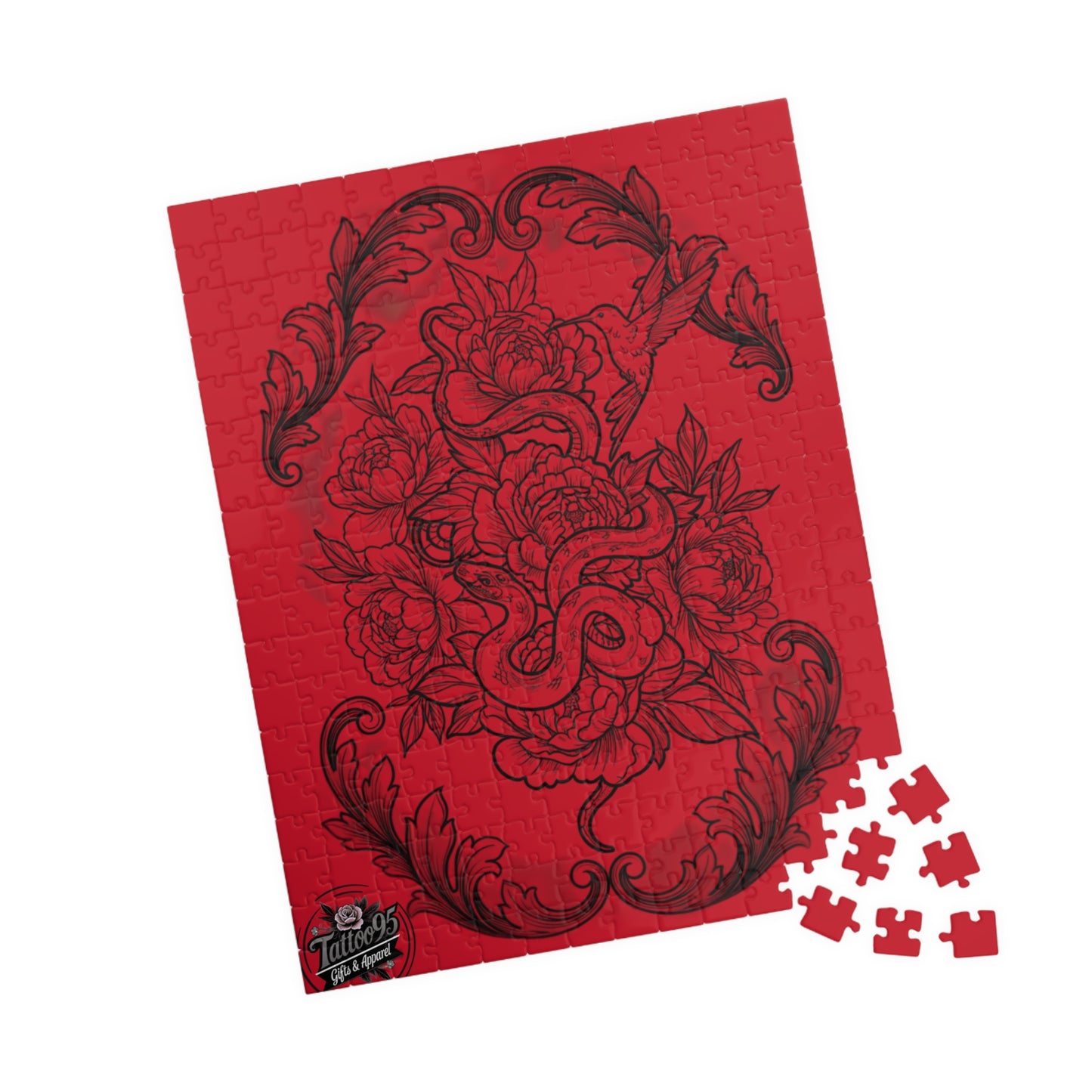 Snake, Hummingbird and Peonies Tattoo Artwork - Jigsaw Puzzle — PIECES are 110, 252, 520 and 1014 Glossy Finish