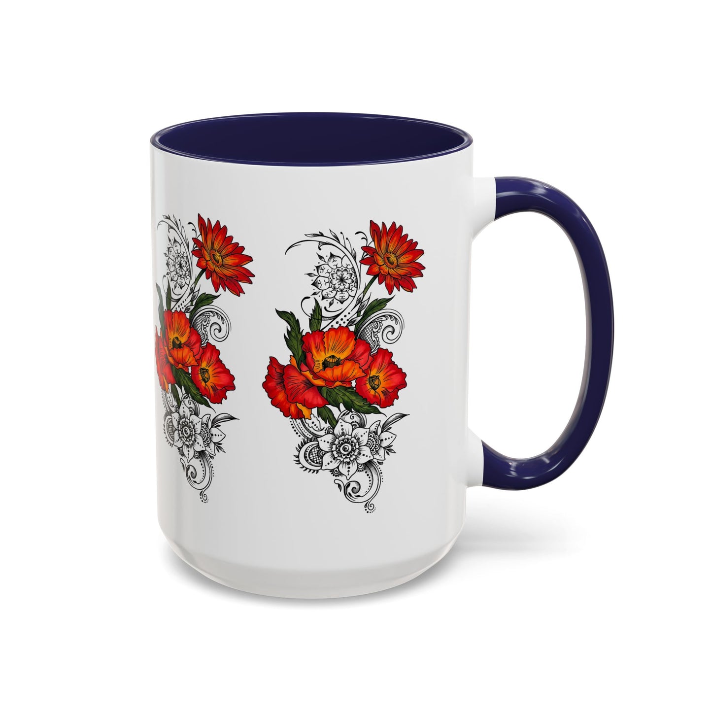 Orange & Red Poppy Flowers Original Tattoo Artwork - Coffee Mug (11oz & 15oz) Your choice of Interior & Handle choices