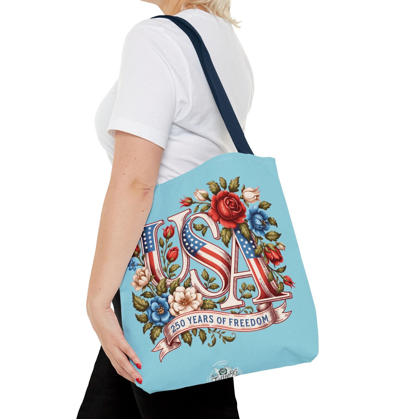 Floral USA -- Happy 250th Birthday America Tote Bag — Patriotic 4th of July Celebration Tote