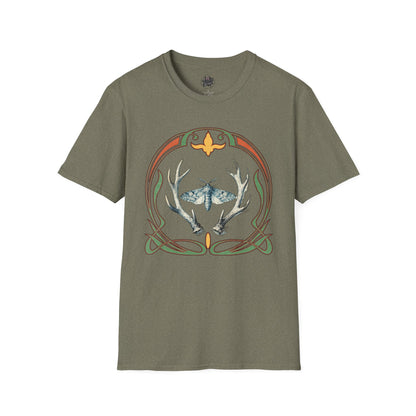 Moth & Antler Tattoo Art - T-Shirt — Nature-Inspired Celtic Frame Graphic Tee