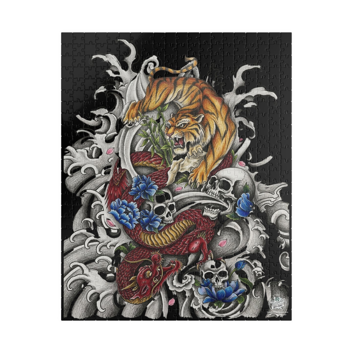 Tiger, Dragon & Skulls - Tattoo-Style Puzzle — Jewel-Toned Glossy Art (110/252/520/1014 pcs)