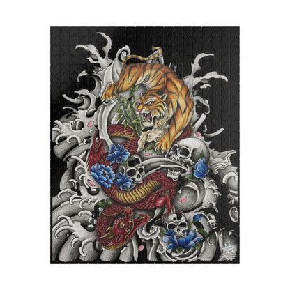 Tiger, Dragon & Skulls - Tattoo-Style Puzzle — Jewel-Toned Glossy Art (110/252/520/1014 pcs)