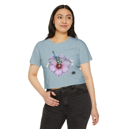 Dragonfly Hibiscus - Stonewashed Denim - Cropped TShirt (XS-2XL)