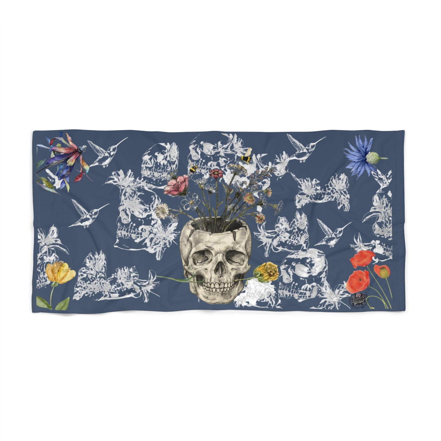 Potted Skull (hummingbird background) - Beach Towel — Botanical Skull Design (Small & Large)
