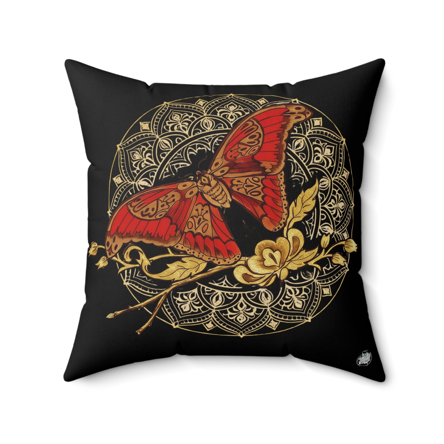 Red & Gold Moth Tattoo Pillow — Spun Polyester Decorative Black