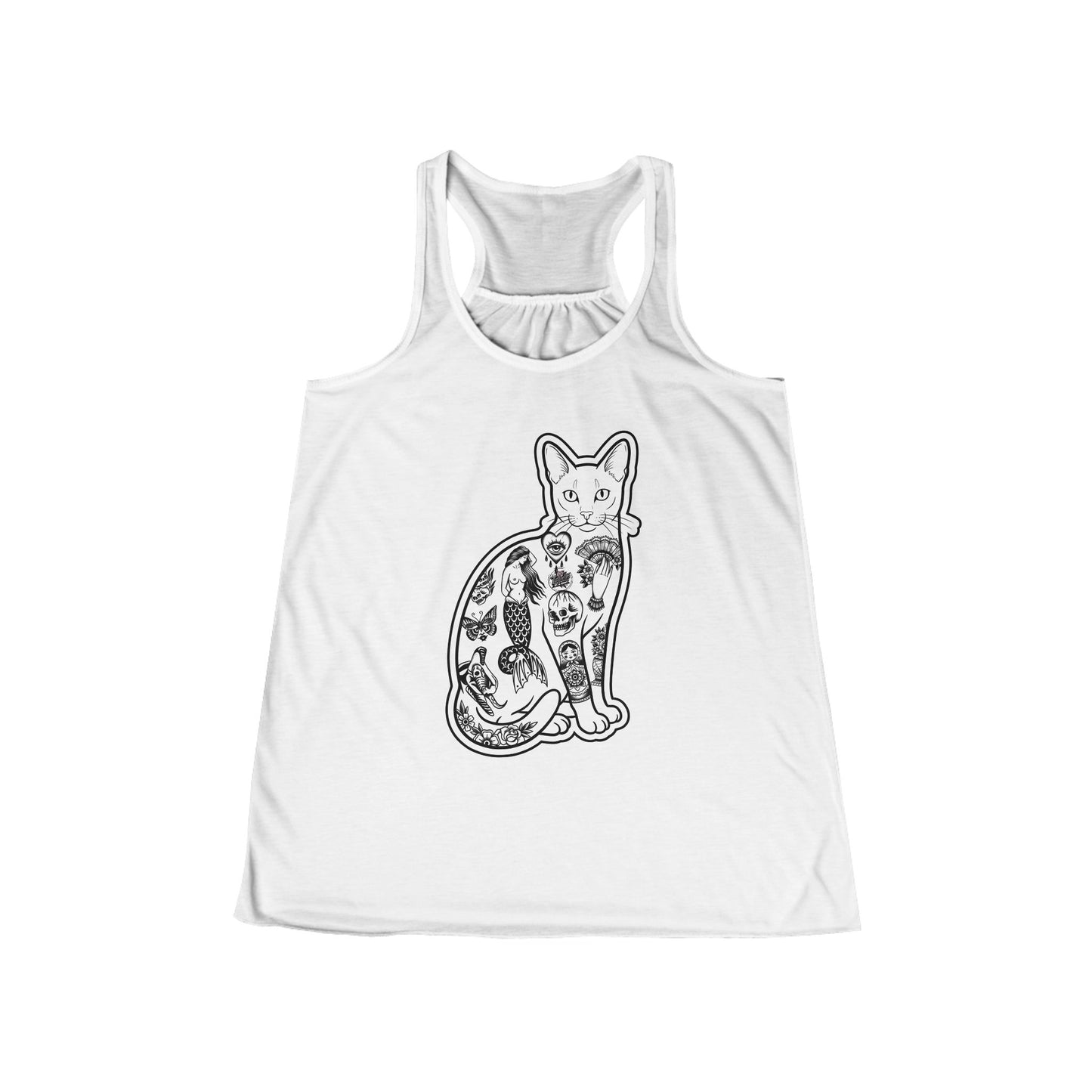 Tattooed Cat Original Tattoo Artwork 'FERAL' - White Racerback Tank Top — Women's Flowy Razorback