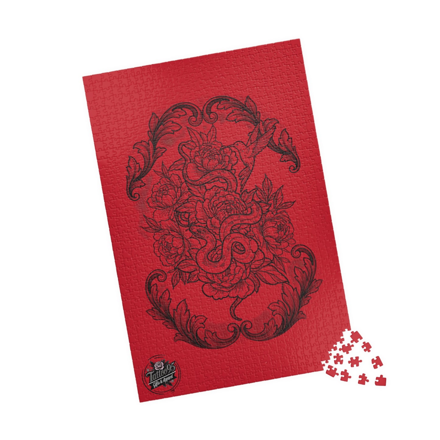 Snake, Hummingbird and Peonies Tattoo Artwork - Jigsaw Puzzle — PIECES are 110, 252, 520 and 1014 Glossy Finish