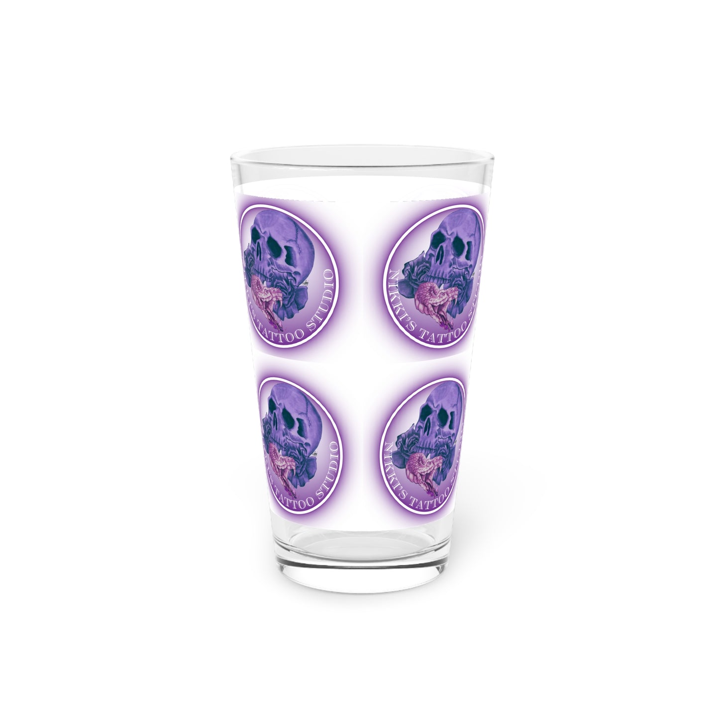 Nikki's Tattoo Studio Collection - Skull and Snake Logo, Beer 16oz Pint Glass