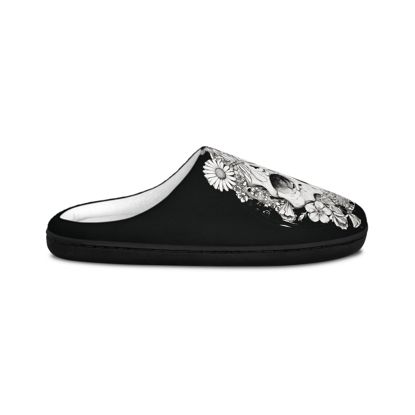 Floral Skull Art  - Black & White Comfy House Slippers