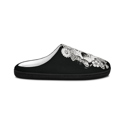 Floral Skull Art  - Black & White Comfy House Slippers